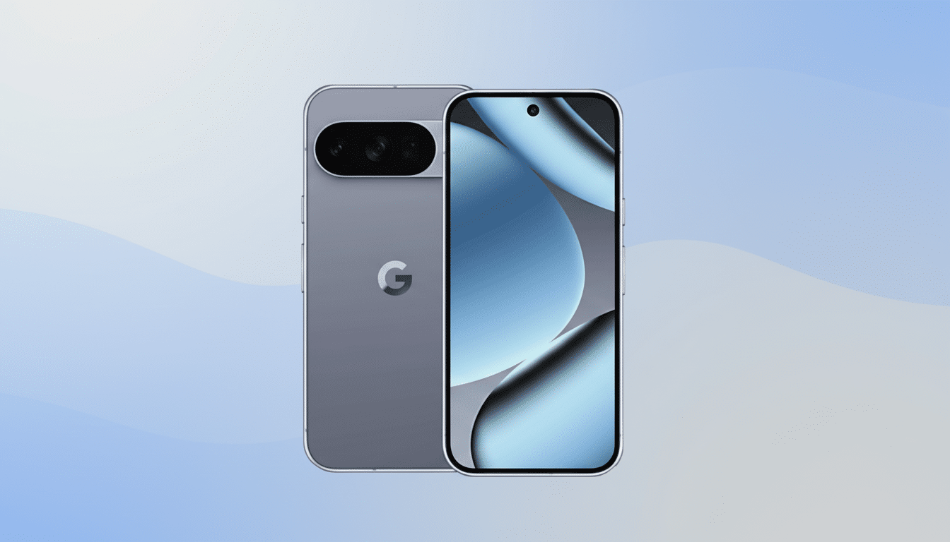 A professional image of a Google Pixel 7 smartphone, presented in a 16:9 aspect ratio. The phone is shown from the front and back, with a clean, soft blue and grey gradient background.