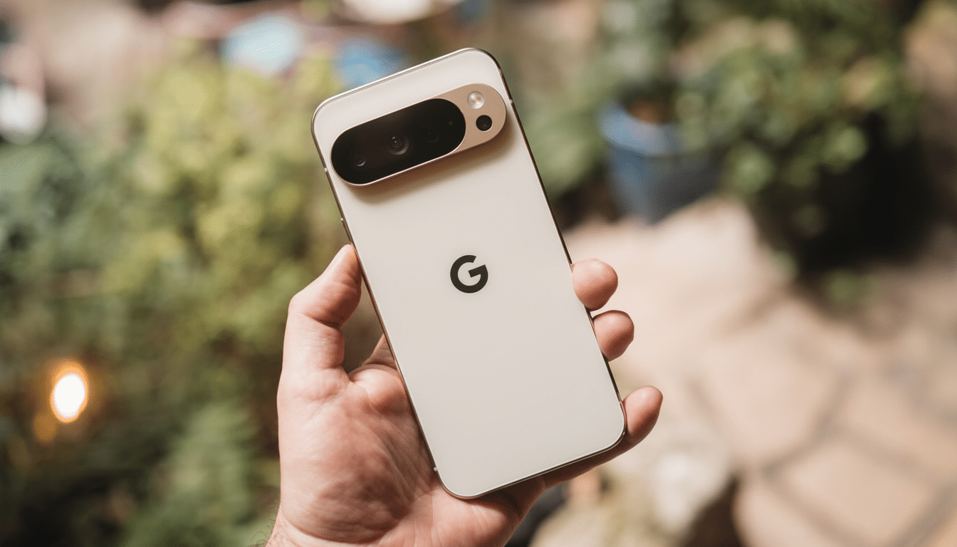 A hand holding a Google Pixel 7 Pro in a natural outdoor setting.