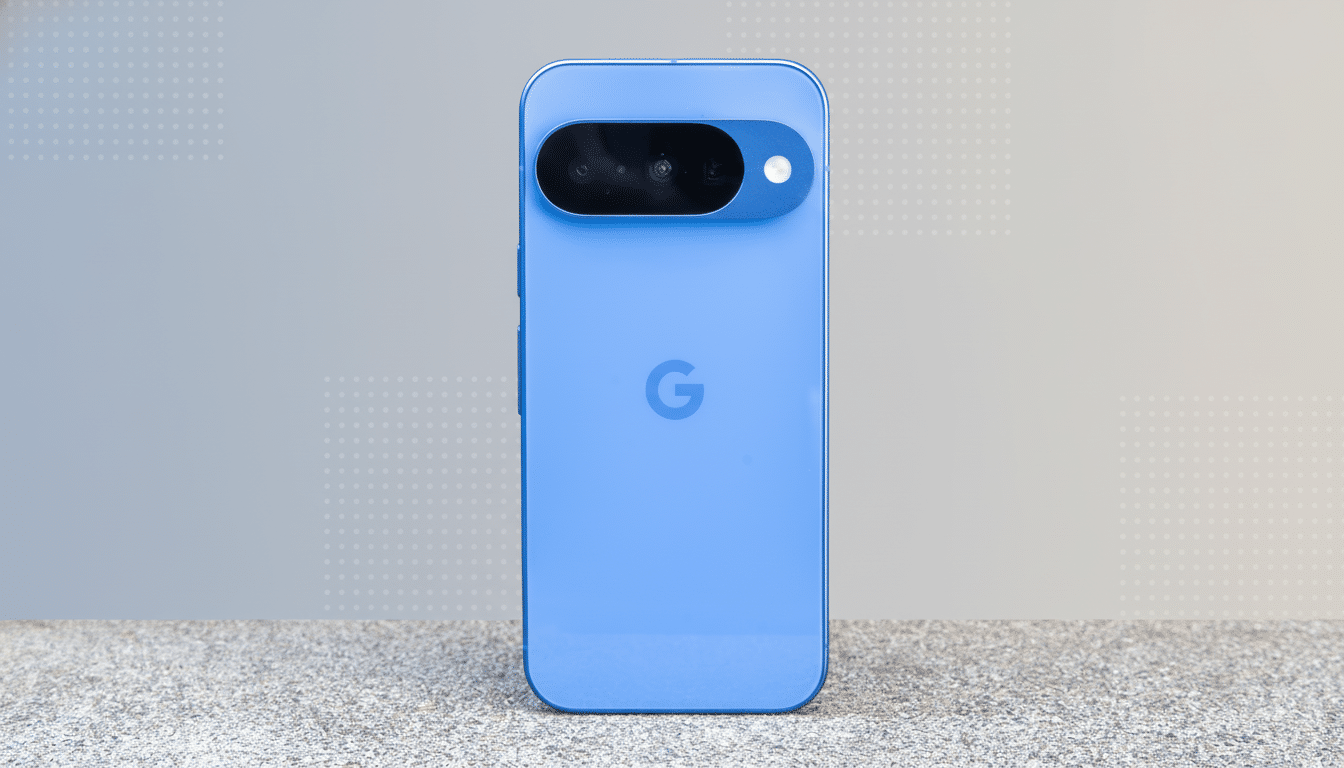 A blue Google Pixel phone is centered on a concrete surface with a professional flat gray background featuring a subtle dotted pattern.
