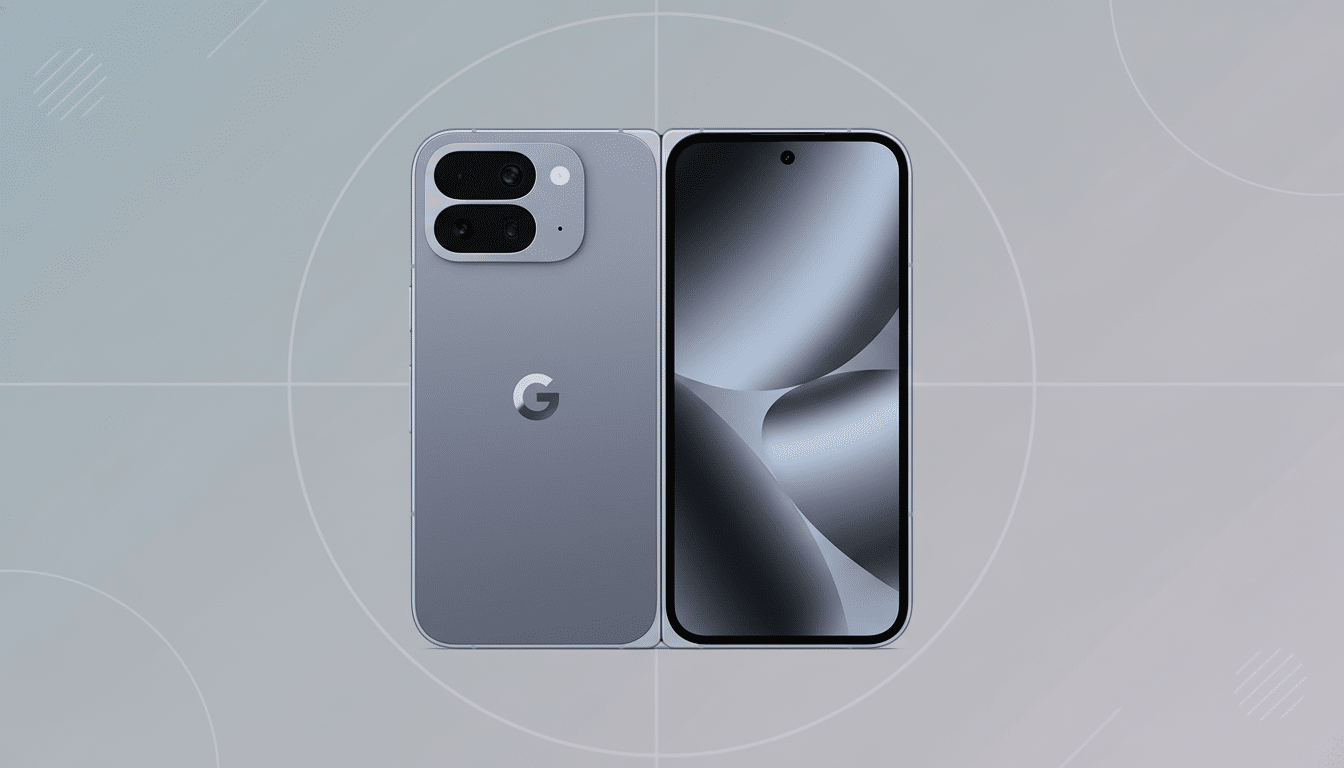 A gray foldable smartphone, possibly a Google Pixel Fold, is displayed with its back and front screens visible. The back features a dual-camera setup and a G logo, while the front screen shows a dark, abstract wallpaper. The phone is centered against a professional flat design background with soft gray gradients and subtle geometric patterns.