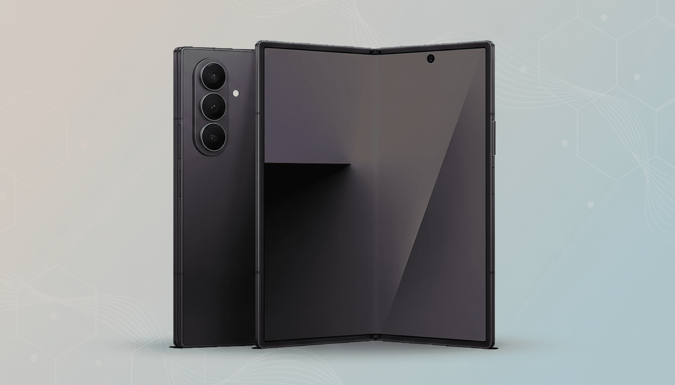 A black foldable smartphone is displayed against a professional flat design background with soft patterns and gradients. The phone is partially folded, showing its screen and camera array.