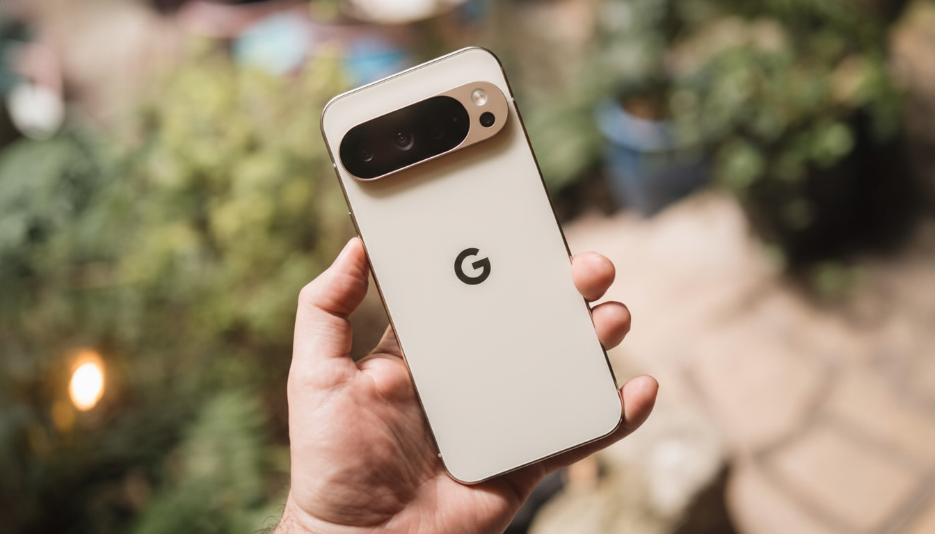 A hand holding a Google Pixel 7 Pro in a natural setting.
