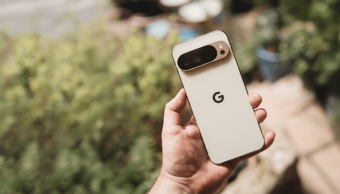 A hand holding a Google Pixel 7 Pro in a 16:9 aspect ratio, with a blurred outdoor background.