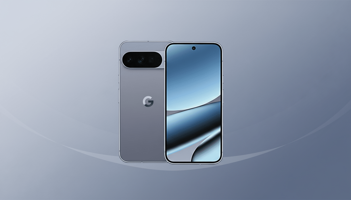 A professional image of a grey smartphone, showing both the front and back, set against a soft grey gradient background with subtle wave patterns.