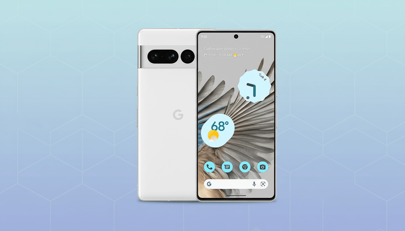 A white Google Pixel 7 Pro smartphone is displayed in a 16:9 aspect ratio. The phone is shown from the front, with its screen on, and from the back, revealing the camera bar and Google logo. The background is a professional flat design with soft blue geometric patterns.