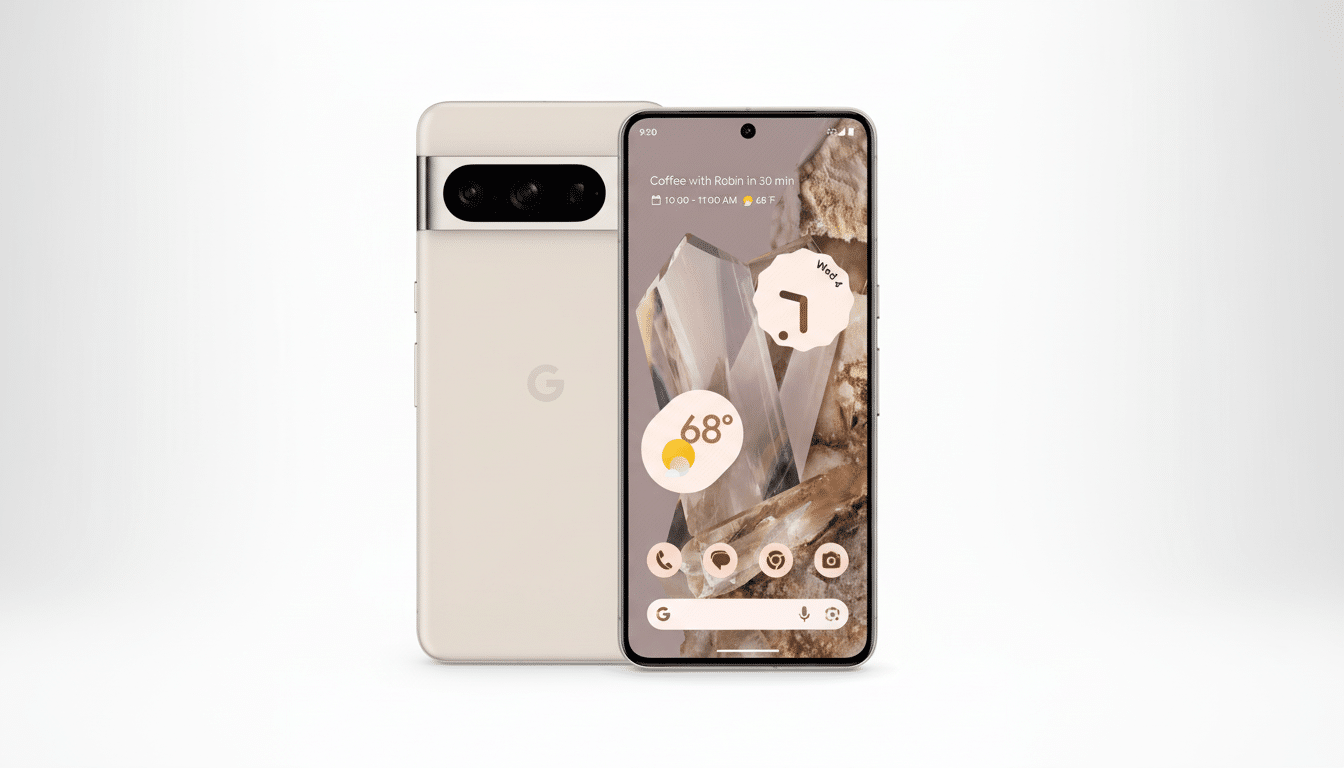 A Google Pixel 7 Pro smartphone in a light beige color, shown from the front and back, against a clean white background. The front screen displays a home screen with a crystal-like wallpaper, weather widget, and app icons.