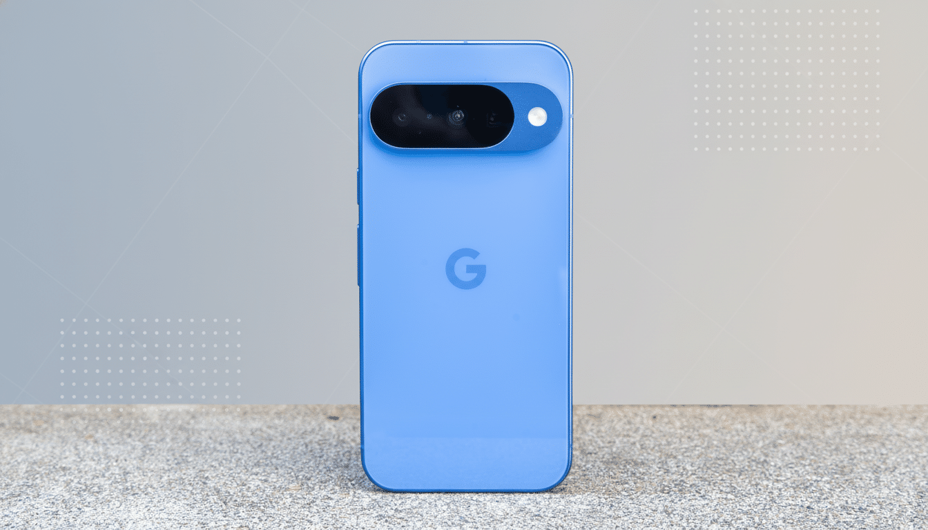 A blue Google Pixel phone standing upright on a concrete surface, with a professional flat design background featuring soft patterns and gradients.