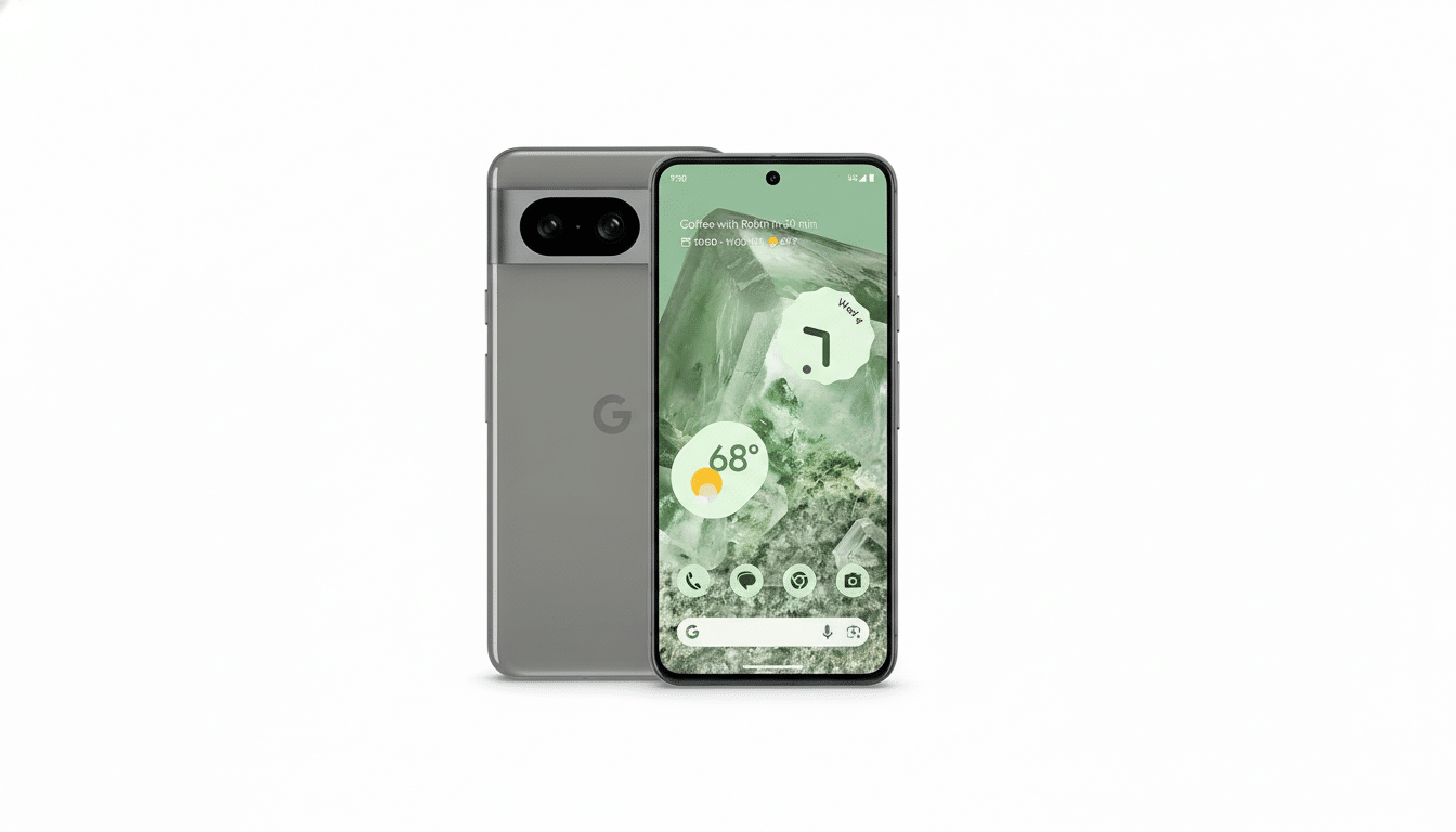 A gray Google Pixel 7 smartphone is shown from the front and back, with the front screen displaying a green-toned wallpaper and weather information.