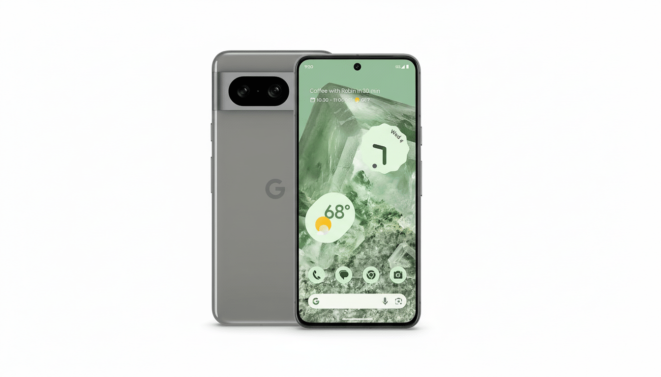 A gray Google Pixel 7 Pro smartphone is shown from the front and back, with the front screen displaying a green-toned wallpaper and weather information.