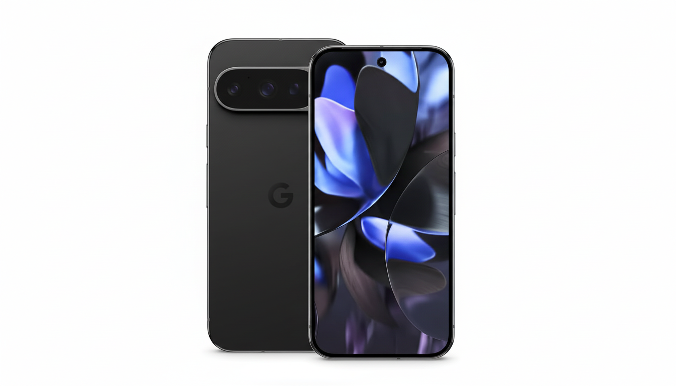 A black Google Pixel phone with its back facing forward, displaying the Google logo and camera bar, stands behind another black Google Pixel phone facing forward, showcasing a vibrant purple and blue abstract wallpaper on its screen.