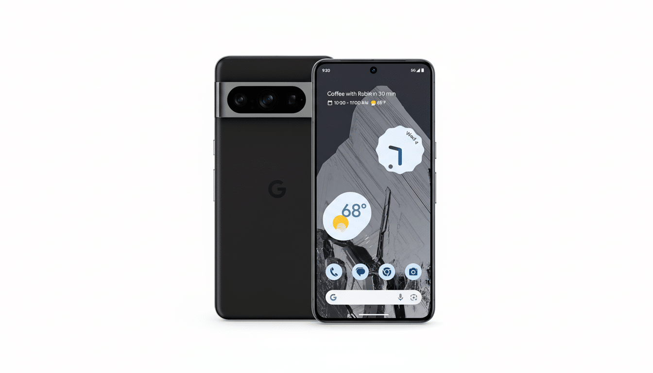 A black Google Pixel 7 Pro smartphone is shown from the front and back, with the front display showing the home screen with weather and app icons.