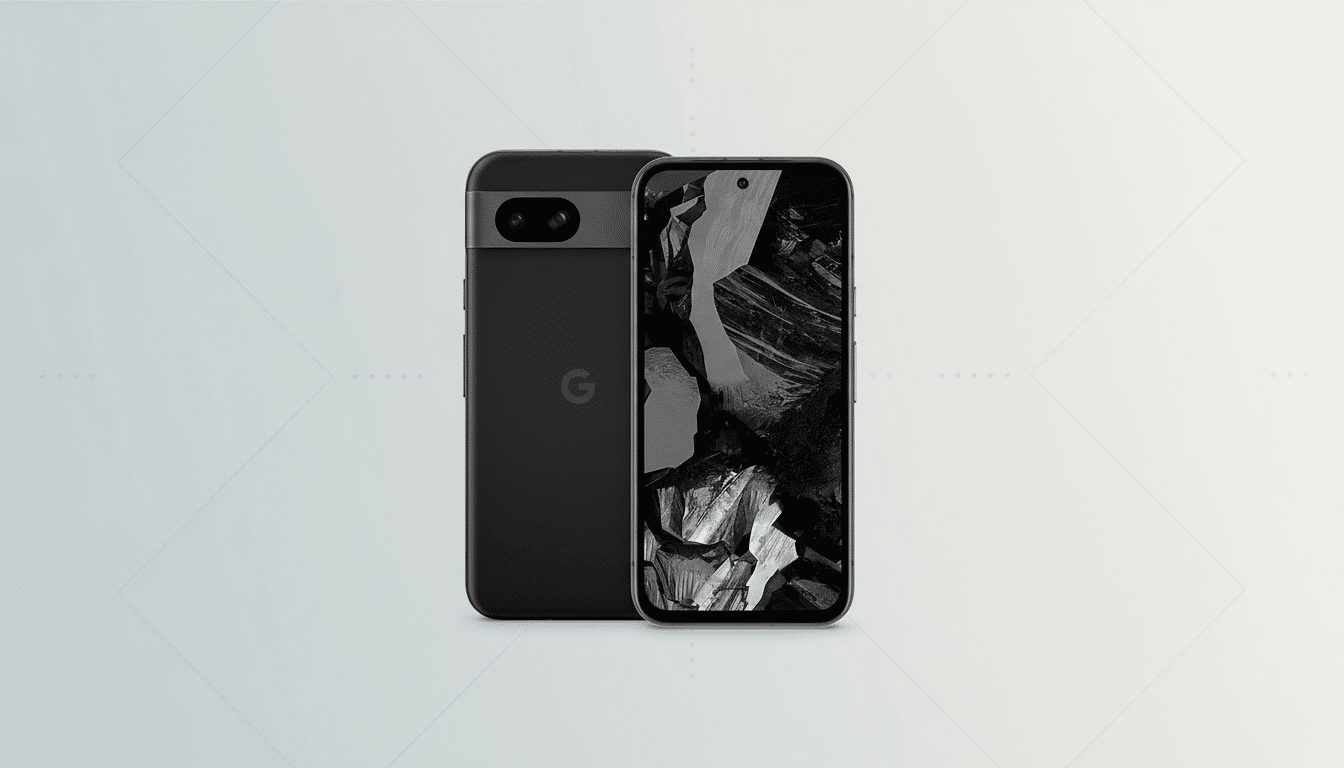 A black Google Pixel 7 smartphone is displayed in a 16:9 aspect ratio. The phone is shown from the front and back, with the front screen displaying a dark, abstract wallpaper. The background is a professional flat design with soft patterns and gradients in shades of gray and white.