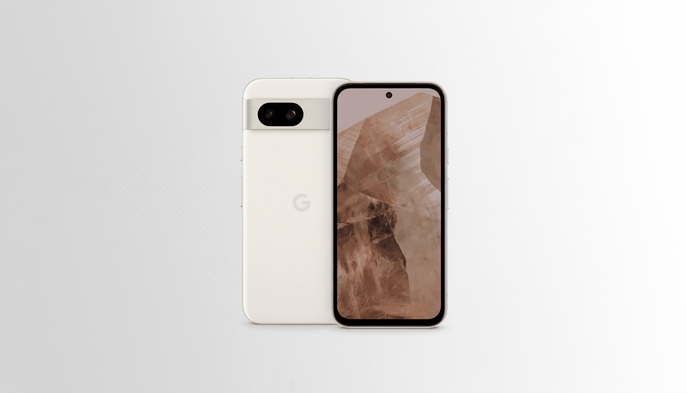 A white Google Pixel 7 smartphone, with its front and back visible, set against a professional flat design background with soft patterns and gradients.