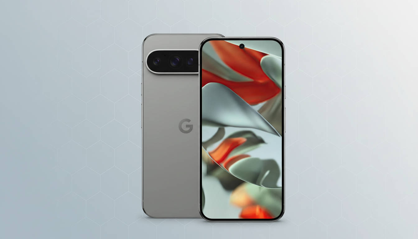 A professional image of a gray Google Pixel smartphone, with its front and back visible, set against a light blue background with a subtle hexagonal pattern.