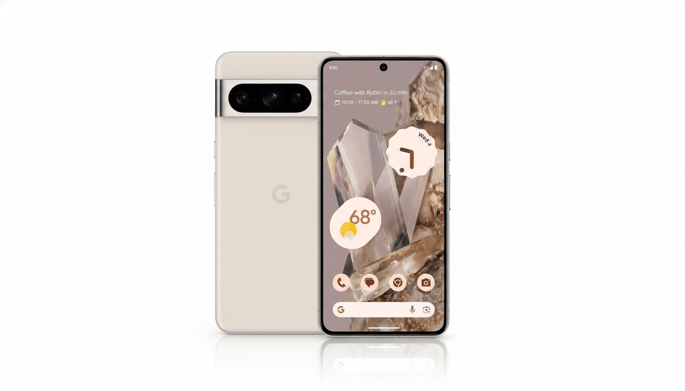 A Google Pixel 7 Pro smartphone in a light beige color, shown from the front and back, with the screen displaying a home screen with a crystal-like wallpaper and various app icons. The image is set against a clean white background with a subtle reflection.