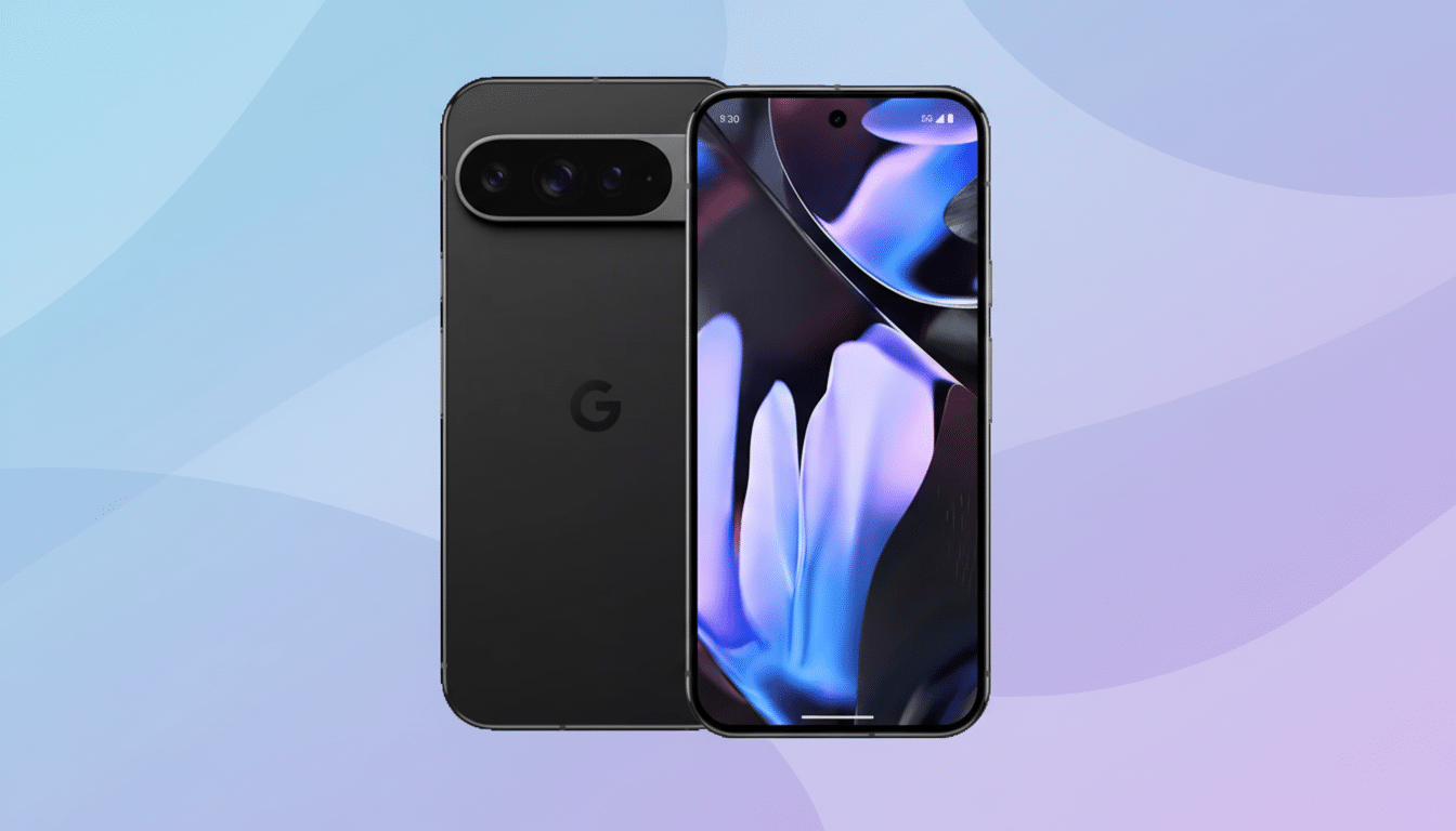 A black smartphone with a prominent camera bar on the back and a screen displaying a vibrant, abstract purple and blue design, set against a professional flat background with soft, wavy patterns in light blue and purple.