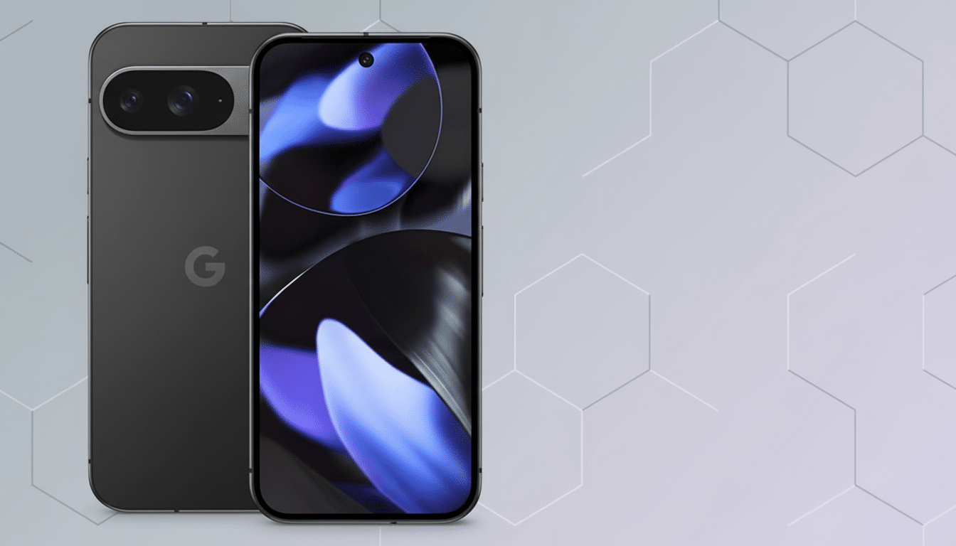 A dark gray Google Pixel smartphone is shown from the front and back, set against a light gray background with a subtle hexagonal pattern.