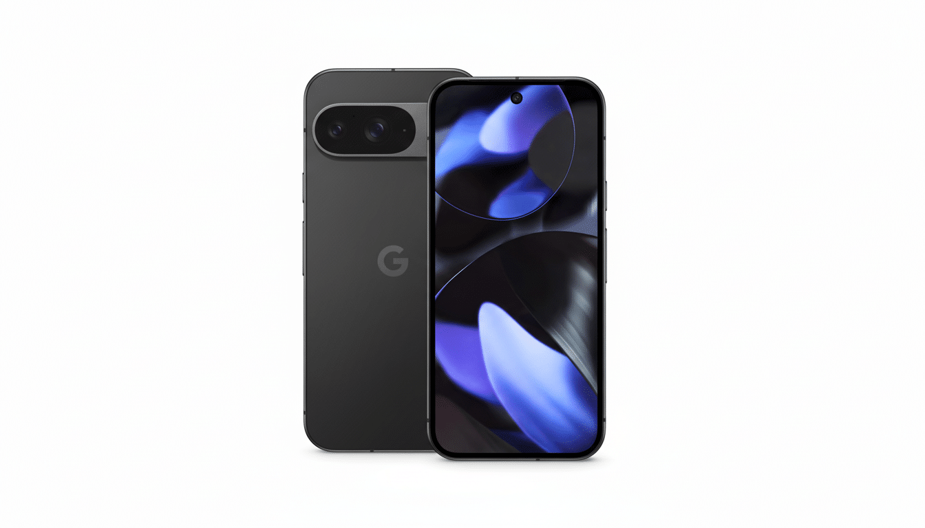 A dark gray smartphone with a camera bar on the back and a screen displaying abstract blue and black shapes, presented on a white background.