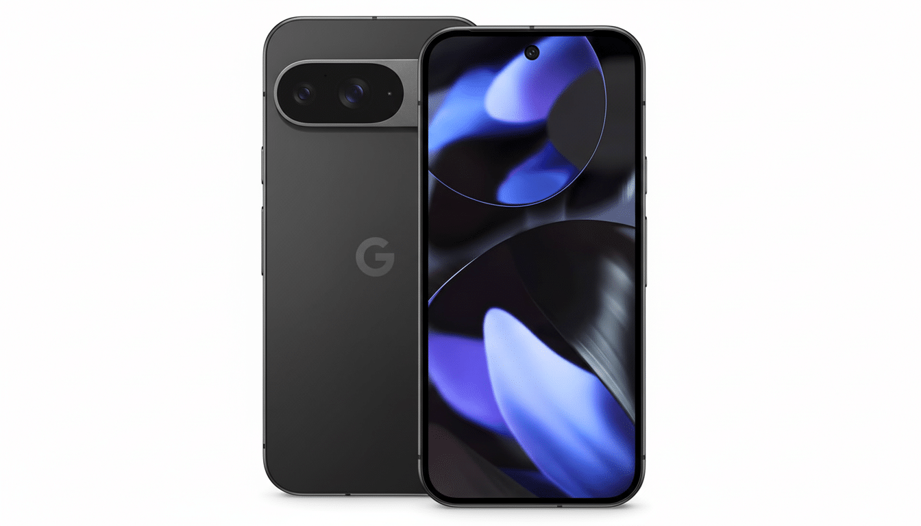 A dark gray smartphone with a camera bar on the back and a screen displaying abstract purple and black shapes, presented on a clean white background.