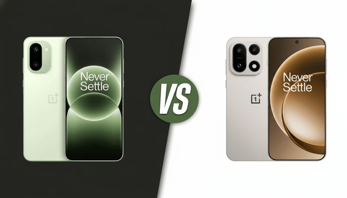 A split image comparing two OnePlus phones. On the left, a light green phone is shown against a dark background. On the right, a light beige phone is shown against a white background. A green VS icon is in the center.