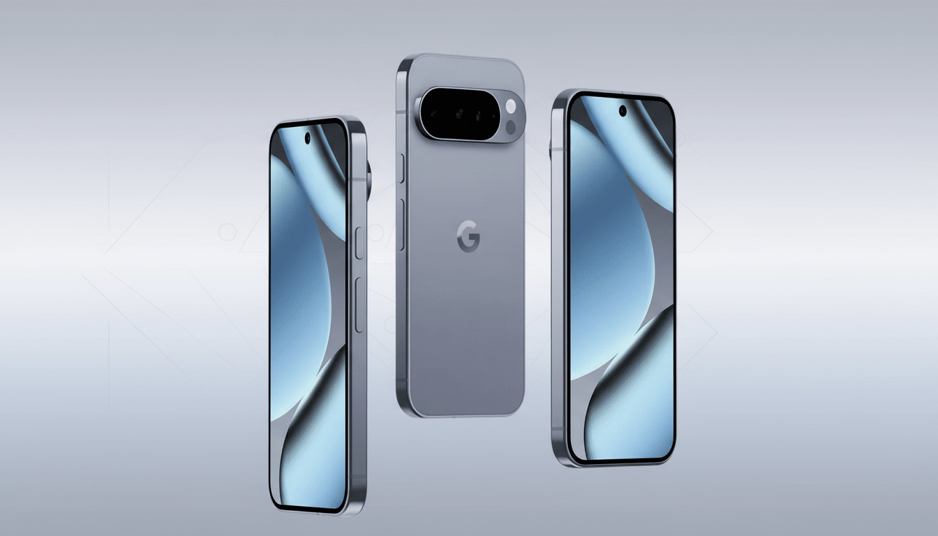 Three views of a light blue smartphone, two showing the front screen with a blue and grey abstract wallpaper, and one showing the back with a camera bar and a G logo, all presented on a clean, light grey background.