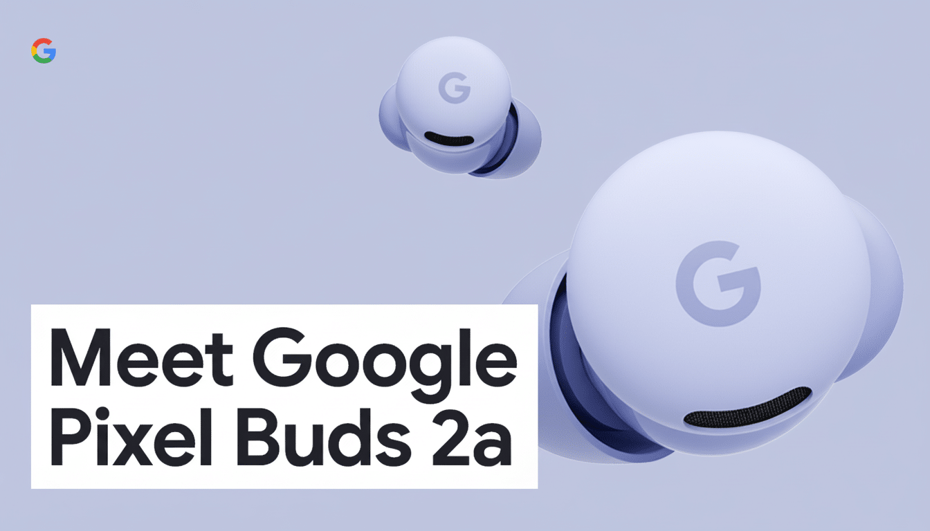 A 16:9 aspect ratio image of two light purple Google Pixel Buds 2a on a matching light purple background, with the text Meet Google Pixel Buds 2a in a white box at the bottom left.