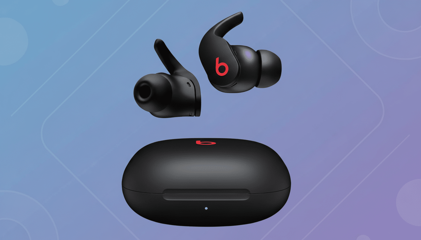 A pair of black Beats Fit Pro earbuds with red b logos, one earbud shown from the side and the other from the front, positioned above their matching black charging case, all set against a professional 16:9 aspect ratio background with soft blue and purple gradients and subtle geometric patterns.