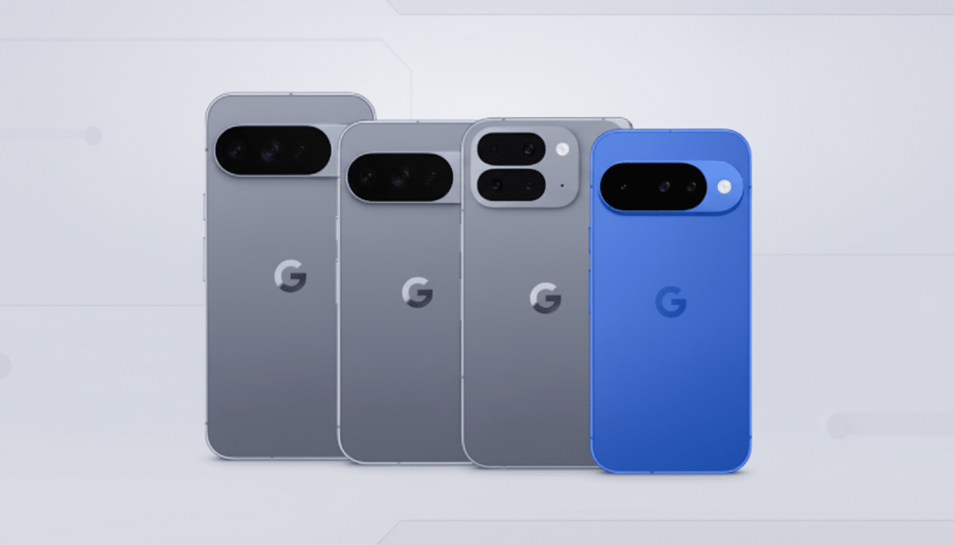 Four Google Pixel phones, three gray and one blue, arranged in a row on a light gray background with subtle geometric patterns.