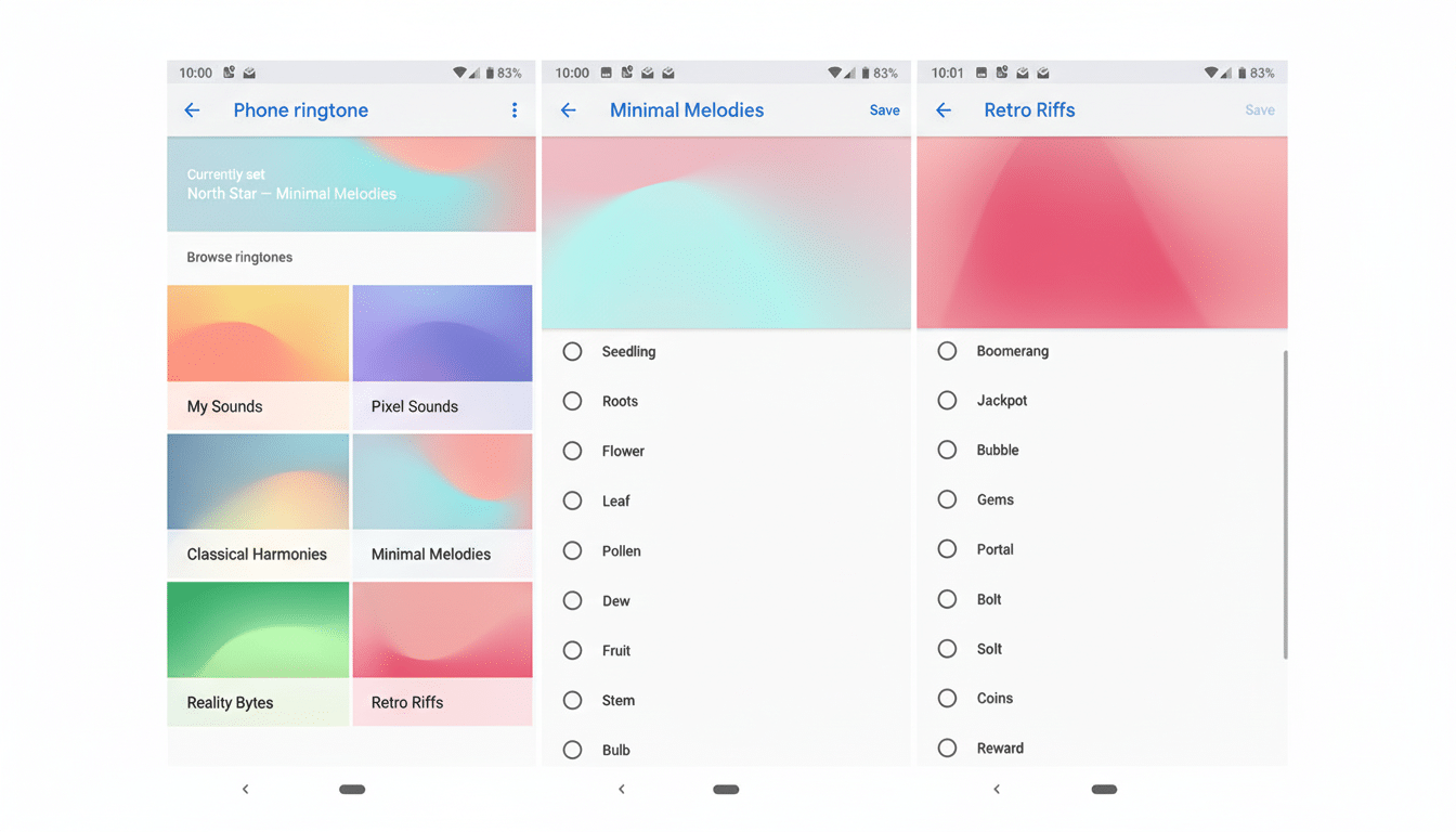 A screenshot of a phones ringtone settings, showing various options and categories for ringtones.