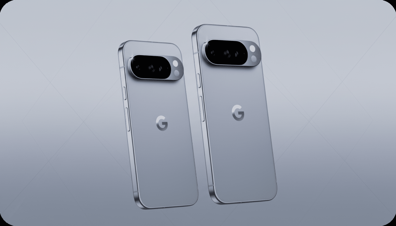 Two light blue Google Pixel phones are shown at a slight angle, with their backs facing the viewer. The phone on the right is slightly larger and positioned behind the one on the left. Both phones feature a prominent horizontal camera bar near the top and a G logo in the center. The background is a professional flat design with subtle, soft gray patterns.