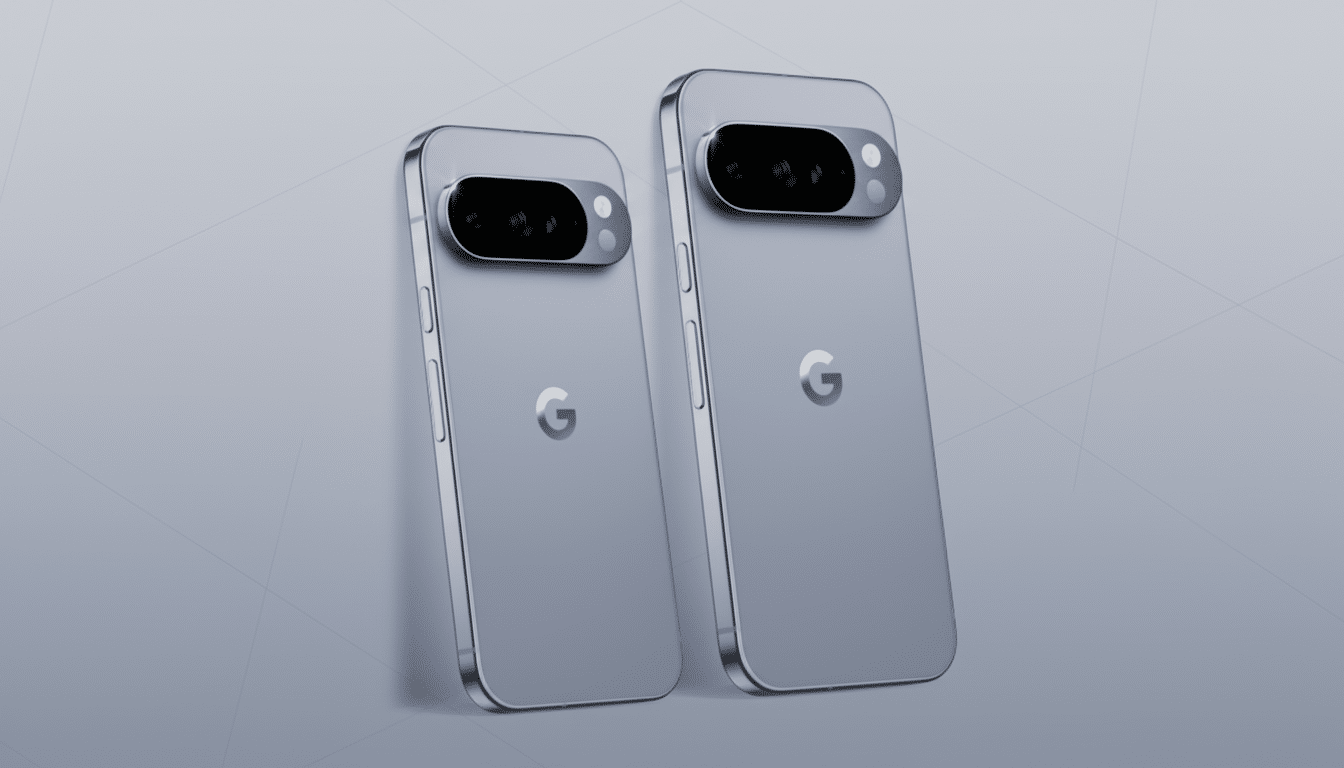 Two light blue Google Pixel phones are shown at a slight angle, with their backs facing the viewer. The phone on the right is slightly larger than the one on the left. Both phones feature a prominent horizontal camera bar near the top and a G logo in the center. The background is a subtle gray with soft, geometric patterns.