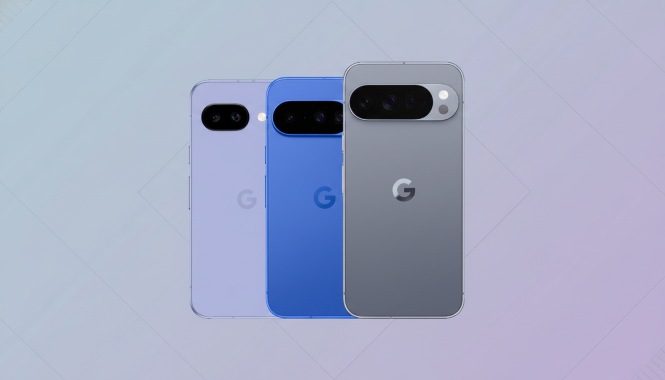 Three Google Pixel phones in purple, blue, and gray, arranged side-by-side on a soft gradient background with subtle patterns.