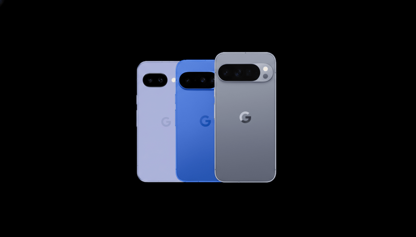 Three Google Pixel phones in different colors (lavender, blue, and gray) are displayed against a black background.
