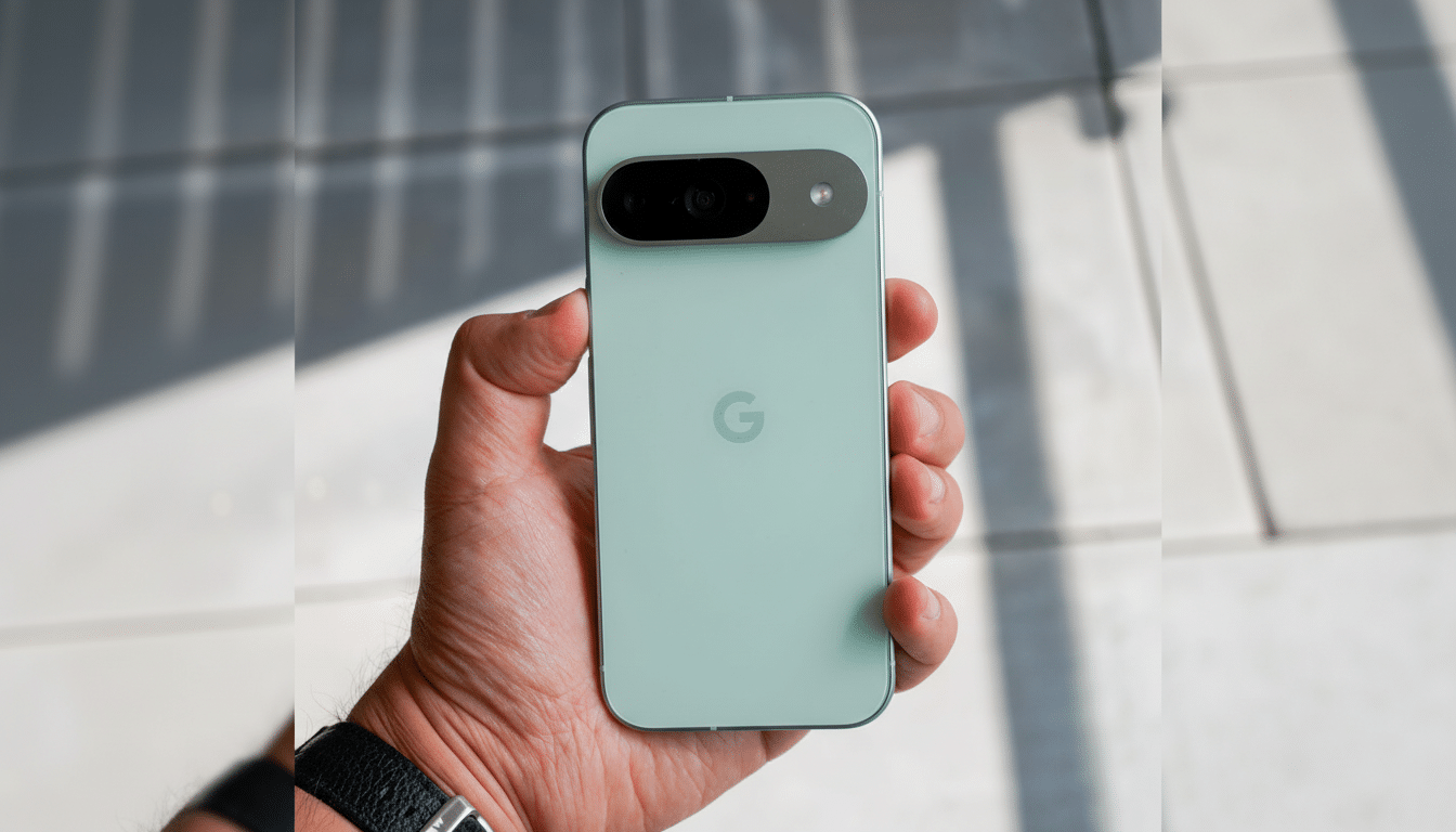 A hand holding a light green Google Pixel 7 smartphone, resized to a 16:9 aspect ratio.