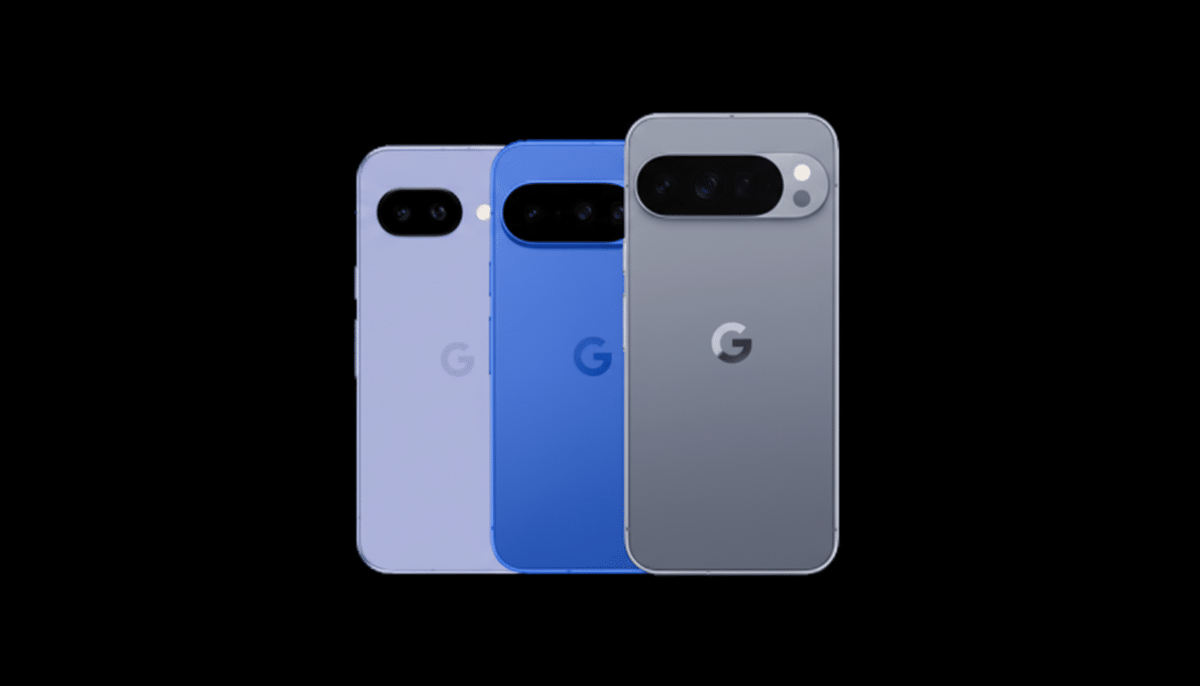 Three Google Pixel phones in different colors (lavender, blue, and gray) are displayed against a black background.