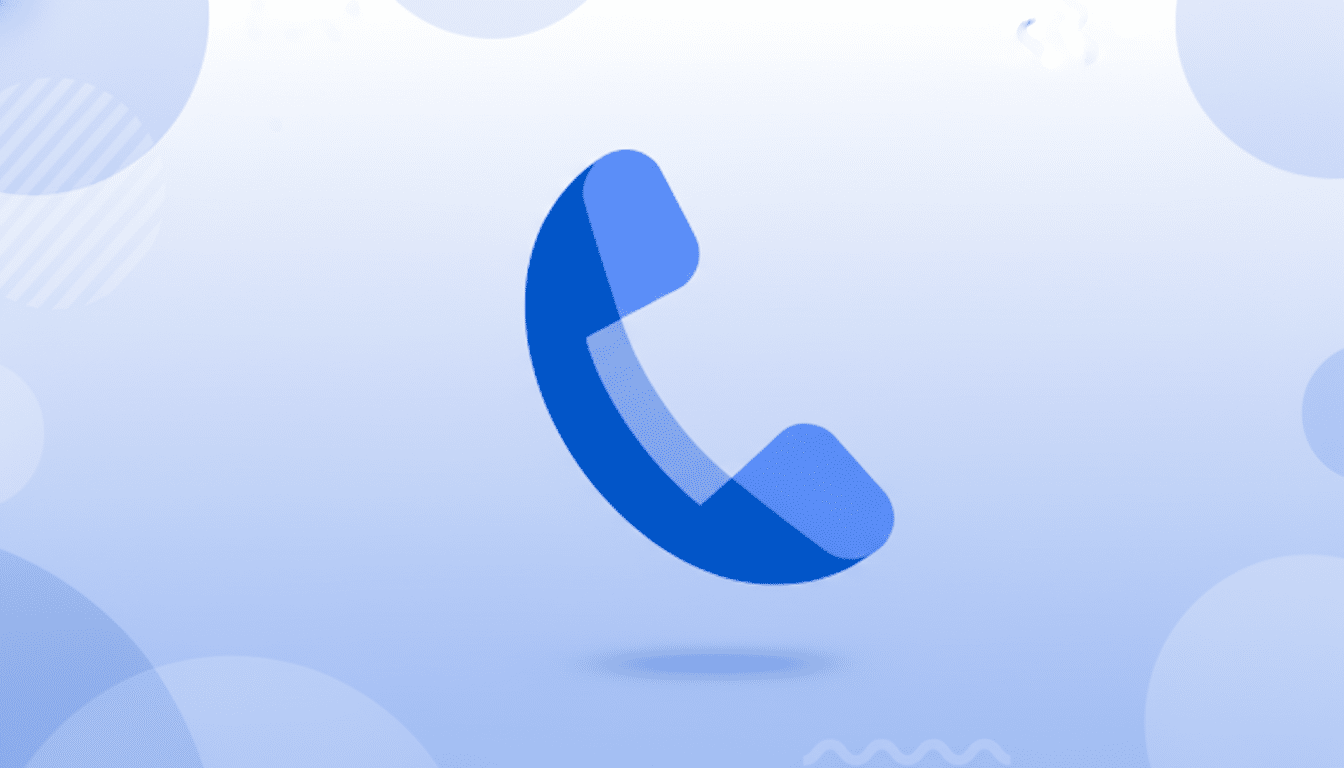 A blue phone receiver icon on a light blue background with subtle geometric patterns.