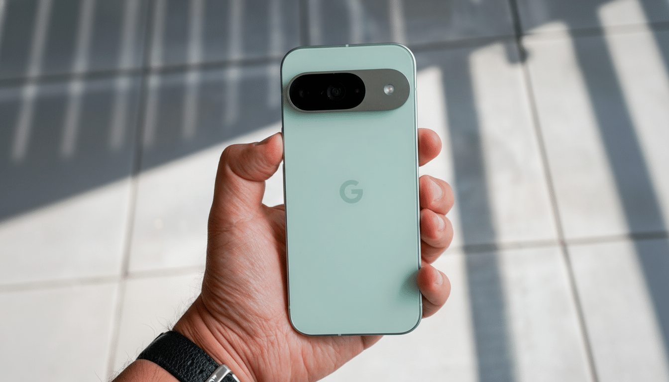 A hand holding a light green Google Pixel 7 smartphone, with the camera bar visible at the top and the Google G logo in the center.