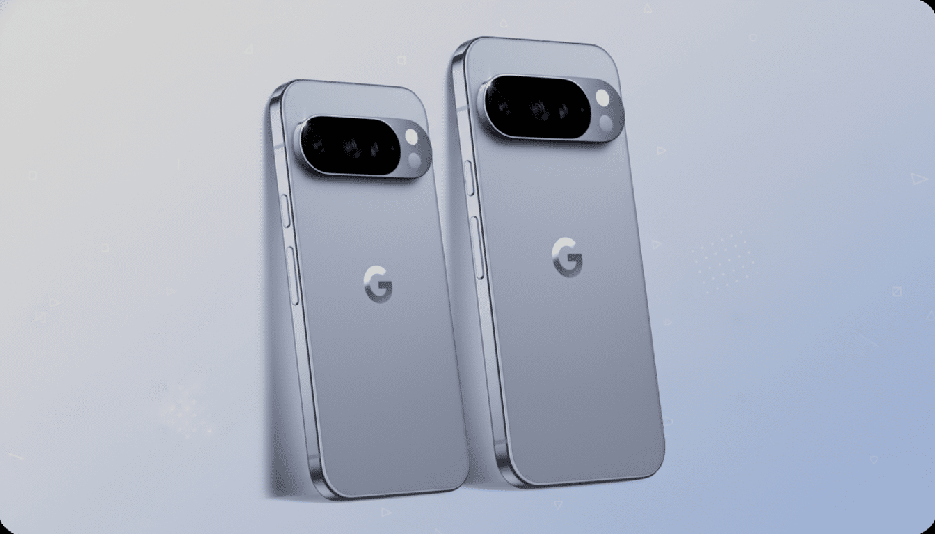 Two light blue Google Pixel phones, one slightly larger than the other, are displayed at an angle against a professional background with soft blue and white gradients and subtle geometric patterns.