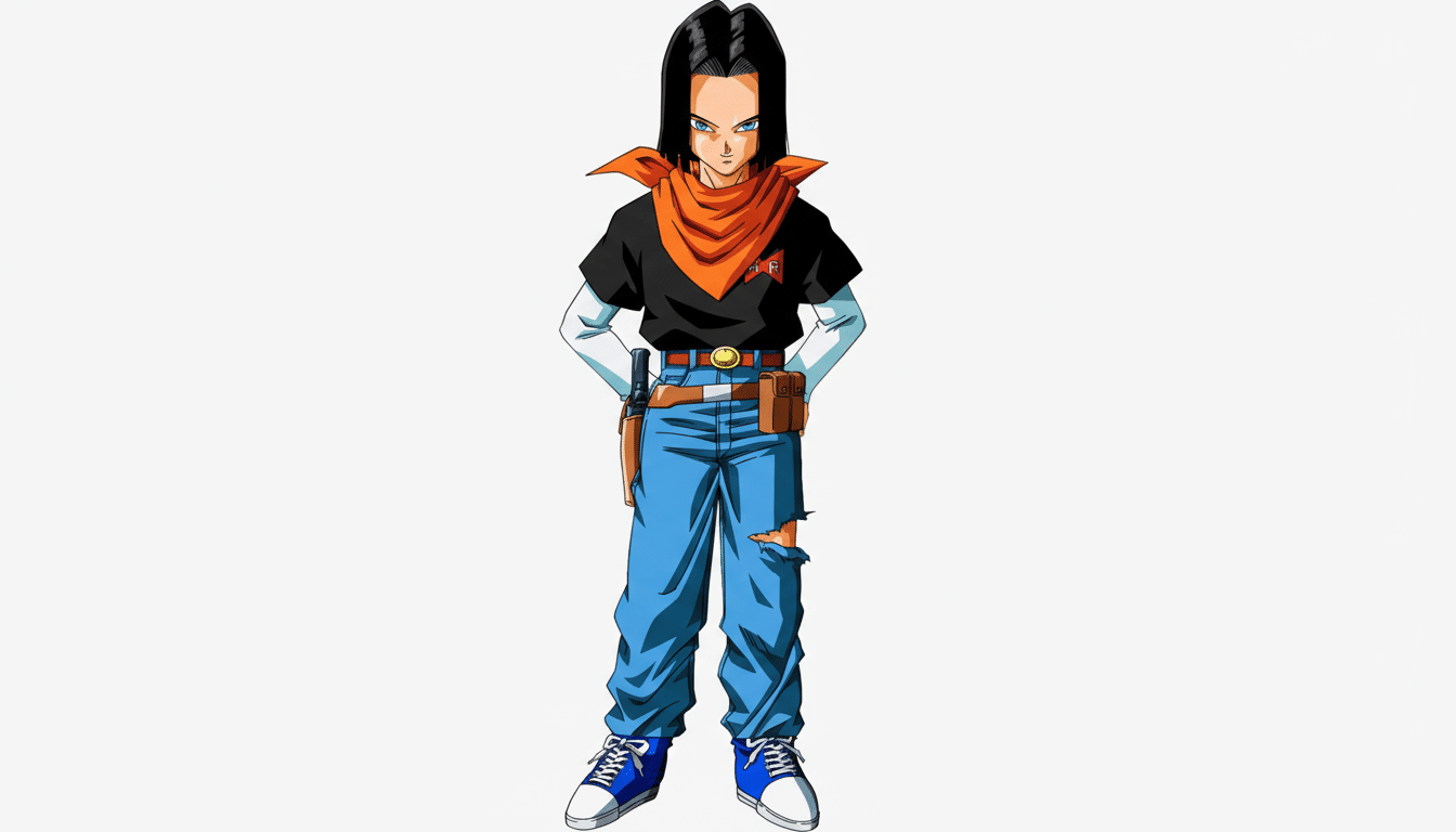 Android 17 from Dragon Ball Z, standing with hands on hips, resized to a 16:9 aspect ratio with a clean white background.