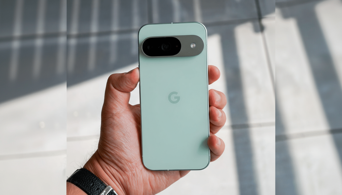 A hand holding a light green Google Pixel phone, resized to a 16:9 aspect ratio.