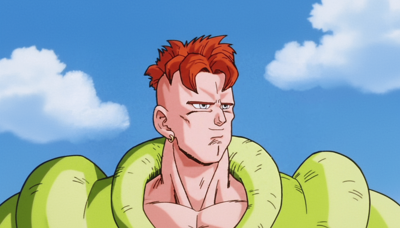 A 16:9 aspect ratio image of Android 16 from Dragon Ball Z, featuring his red hair, pale skin, and green armor, set against a blue sky with white clouds.