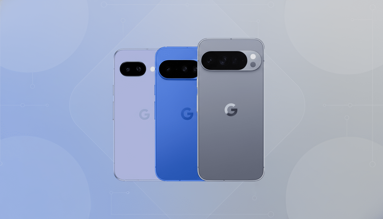 Three Google Pixel phones in purple, blue, and gray, arranged side-by-side on a light blue background with subtle geometric patterns.
