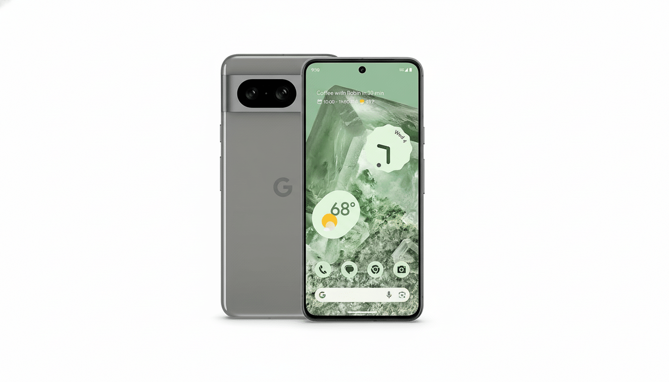 A Google Pixel 7 smartphone in a 16:9 aspect ratio, with its screen displaying the home screen with a weather widget and app icons. The back of another Pixel 7 phone is visible behind it.