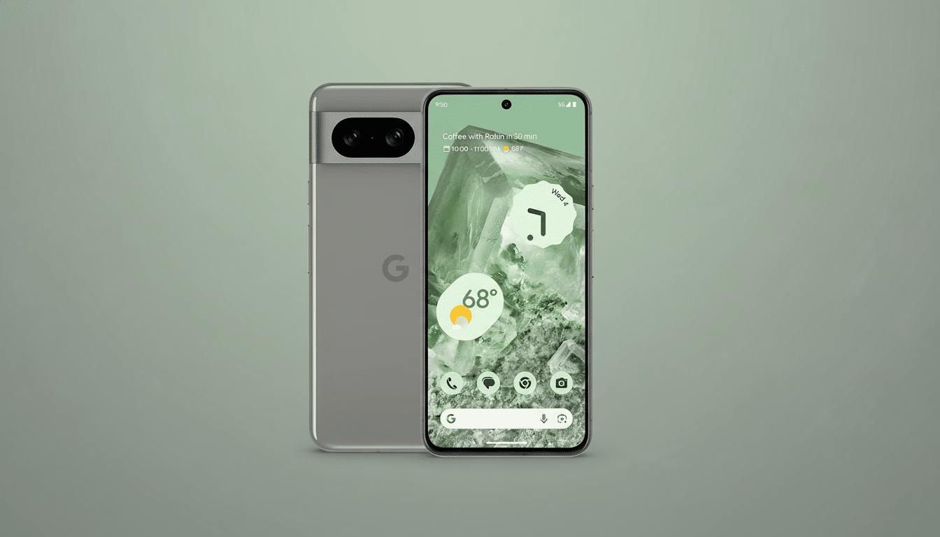 A Google Pixel 7 smartphone in a 16:9 aspect ratio, with a professional flat design background featuring soft green gradients. The phones screen displays the home screen with a weather widget and app icons.