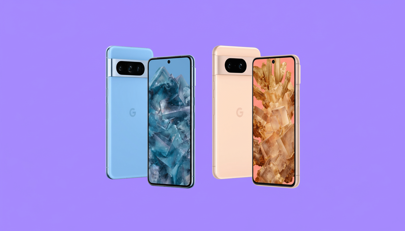 Two pairs of Google Pixel phones, one blue and one peach, displayed against a solid purple background.