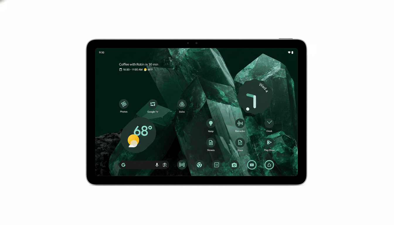 A tablet displaying a home screen with various app icons and a dark green crystal background, resized to a 16:9 aspect ratio.