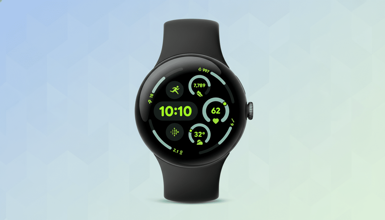 A black smartwatch with a circular display showing the time 10:10, activity trackers, heart rate, and temperature, set against a professional flat design background with soft blue and green gradients.
