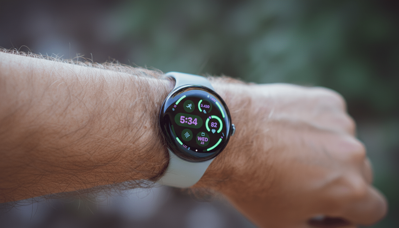 A close-up shot of a persons wrist wearing a Google Pixel Watch, displaying the time 5:34 and various fitness metrics.