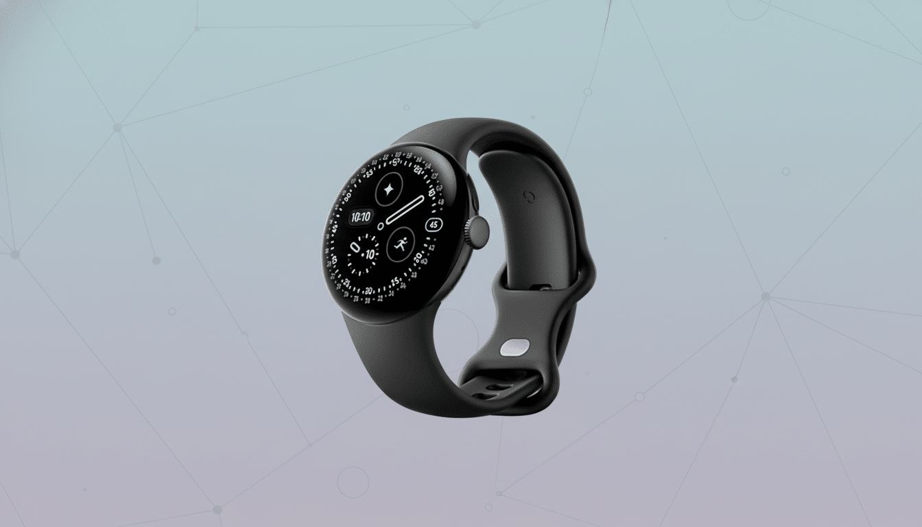 A black smartwatch with a circular face displaying a digital clock and fitness icons, set against a professional flat design background with soft patterns and gradients.