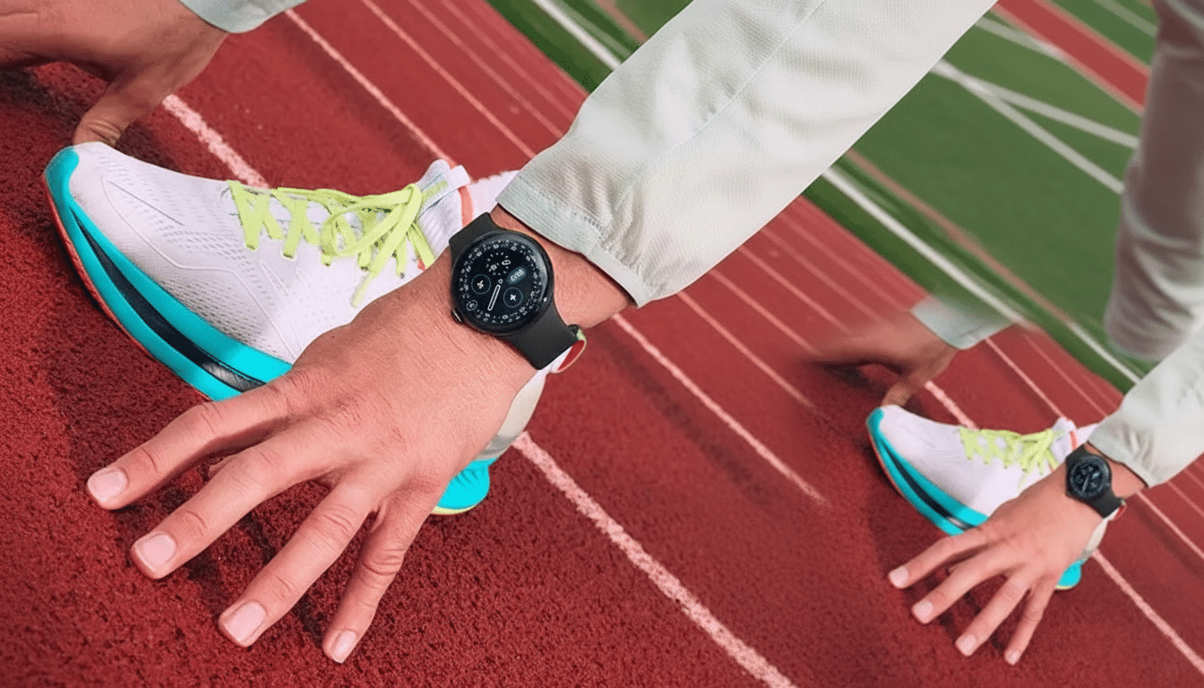 A person wearing a black smartwatch on their left wrist, with their hands and feet in starting blocks on a red running track.